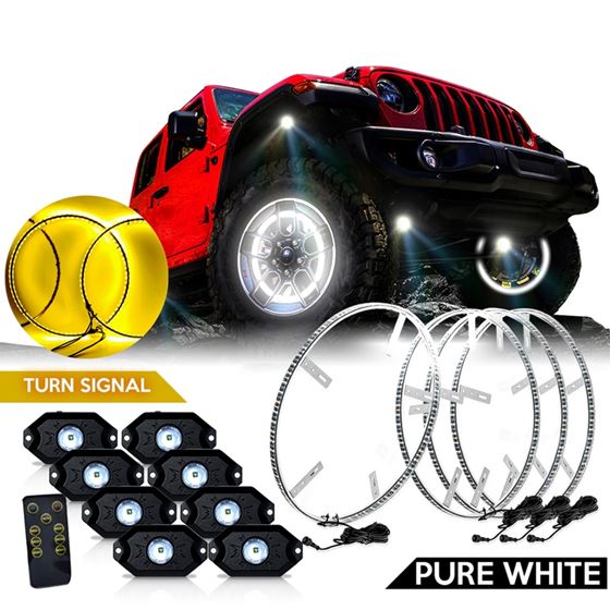 LED Wheel Light Kit White with Amber Signal and 8 Rock Lights Wireless 18 Inches